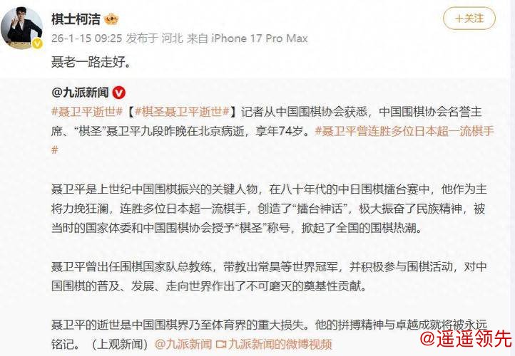 柯洁发微博悼念聂卫平：聂老一路走好